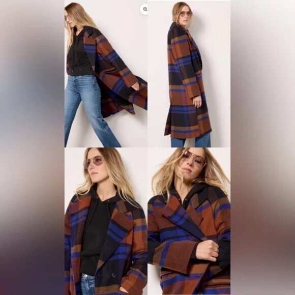 Avec Les Filles Navy Blue and Brown / Orange Plaid Wool Trench Coat - Picture 2 of 5